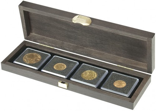 Holzkassette für Münzen mit 4 quadratischen Fächern